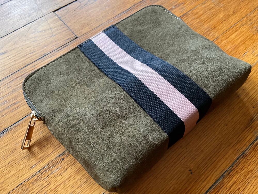 Retro Green Faux Suede Striped Zip Pouch/Clutch (NWOT)
